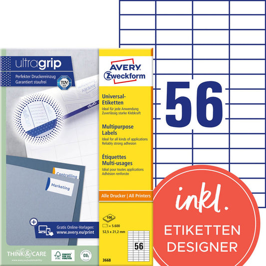 AVERY Zweckform Etiketten weiß 52,5 x 21,2 mm | 3668 | 1 Pack = 100 Blatt