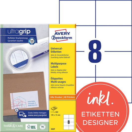 AVERY Zweckform Etiketten weiß 105,0 x 74,0 mm | 3427 | 1 Pack = 100 Blatt