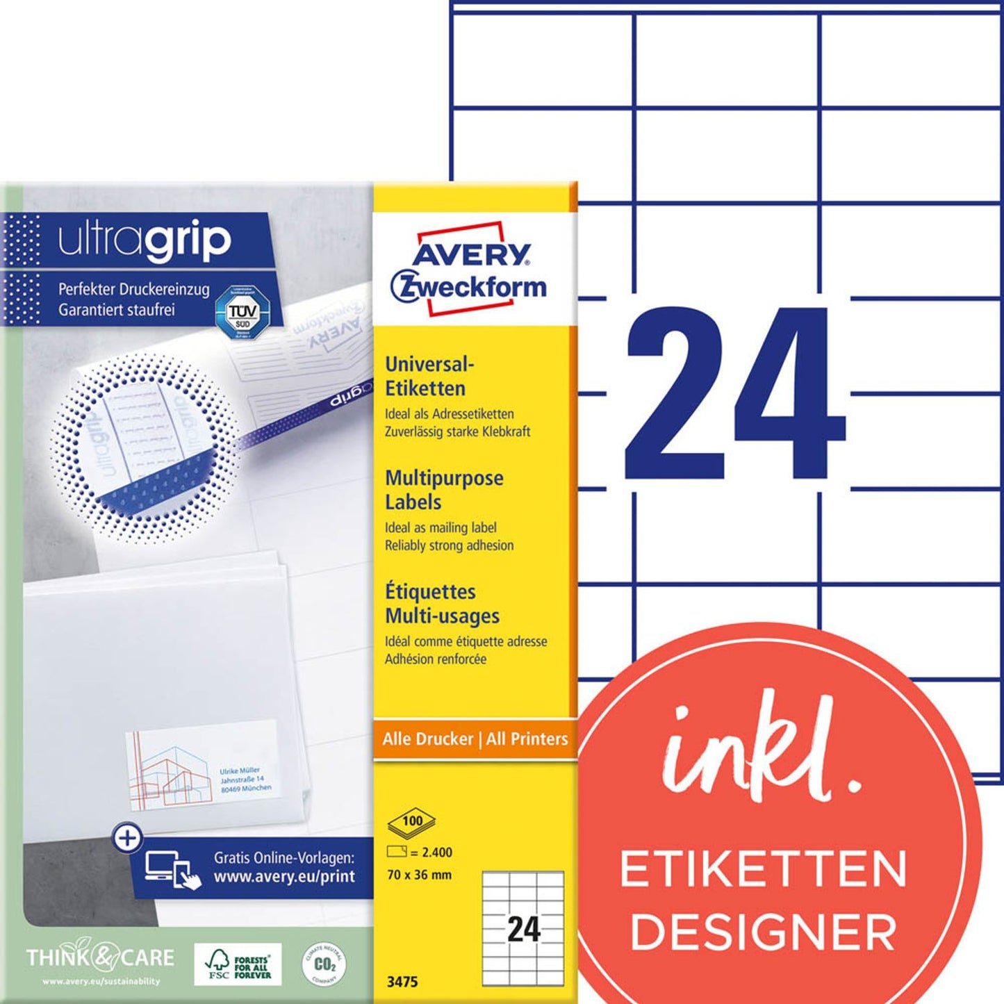 AVERY Zweckform Etiketten weiß 70,0 x 36,0 mm | 3475 | 1 Pack = 100 Blatt