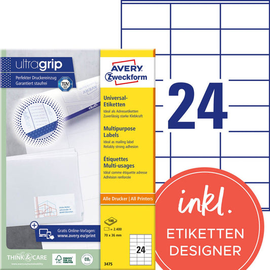 AVERY Zweckform Etiketten weiß 70,0 x 36,0 mm | 3475 | 1 Pack = 100 Blatt