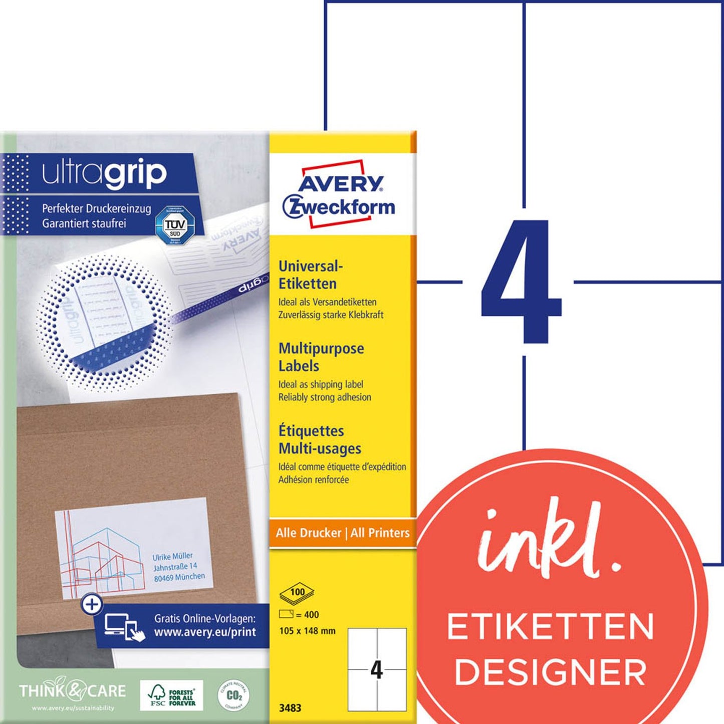 AVERY Zweckform Etiketten weiß 105,0 x 148,0 mm | 3483 | 1 Pack = 100 Blatt