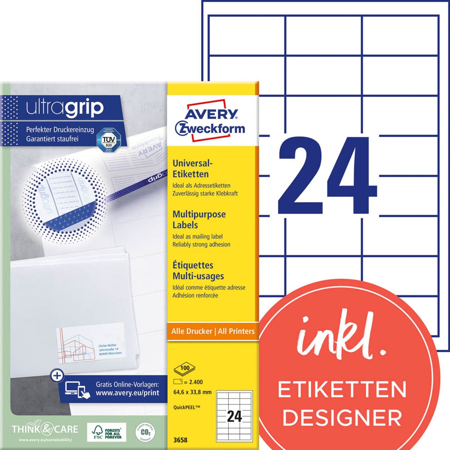 AVERY Zweckform Etiketten weiß 64,6 x 33,8 mm | 3658 | 1 Pack = 100 Blatt