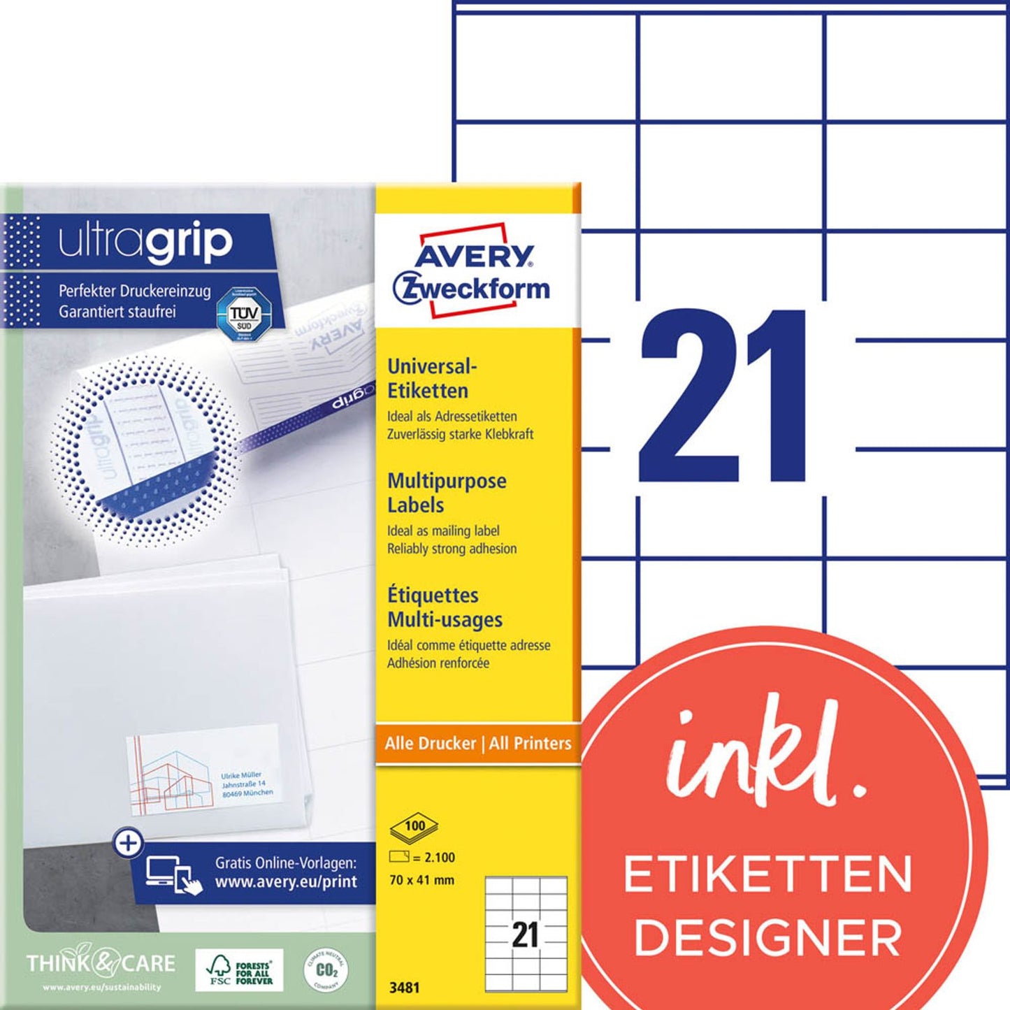 AVERY Zweckform Etiketten weiß 70,0 x 41,0 mm | 3481 | 1 Pack = 100 Blatt