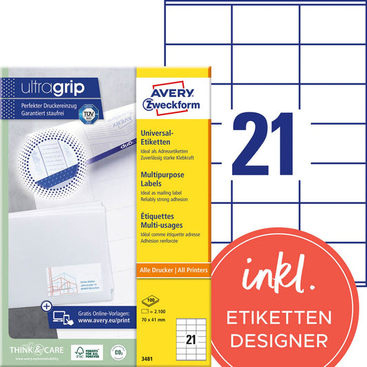 AVERY Zweckform Etiketten weiß 70,0 x 41,0 mm | 3481 | 1 Pack = 100 Blatt