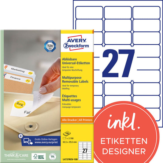 AVERY Zweckform Etiketten weiß 63,5 x 29,6 mm | L4737REV-100 | 1 Pack = 100 Blatt