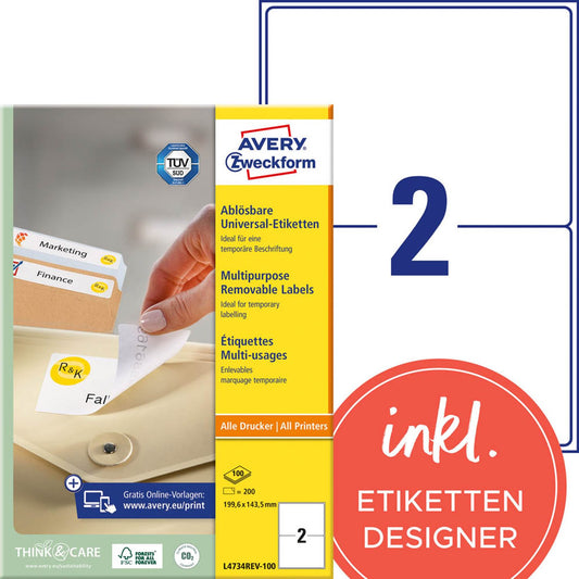 AVERY Zweckform Etiketten weiß 199,6 x 143,5 mm | L4734REV-100 | 1 Pack = 100 Blatt