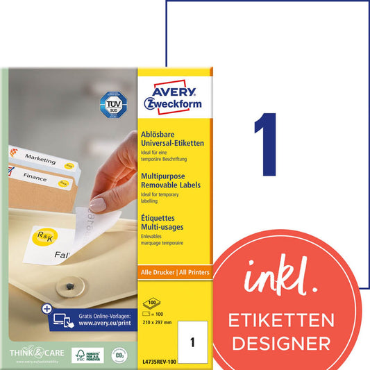 AVERY Zweckform Etiketten weiß 210,0 x 297,0 mm | L4735REV-100 | 1 Pack = 100 Blatt