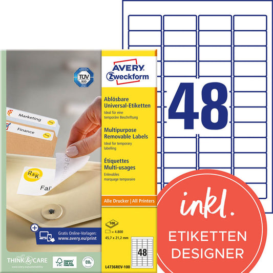 AVERY Zweckform Etiketten weiß 45,7 x 21,2 mm | L4736REV-100 | 1 Pack = 100 Blatt