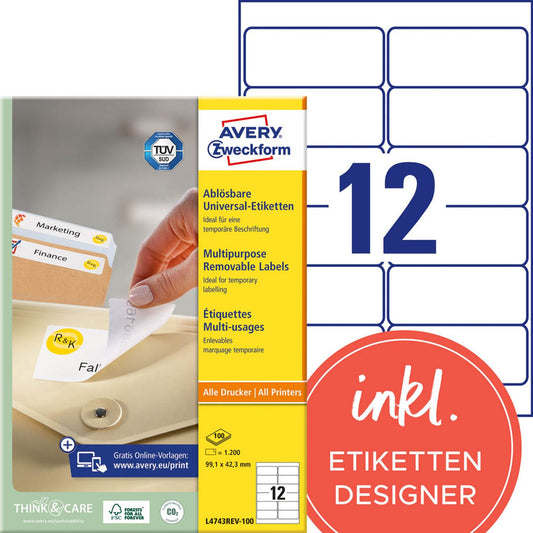 AVERY Zweckform Etiketten weiß 99,1 x 42,3 mm | L4743REV-100 | 1 Pack = 100 Blatt