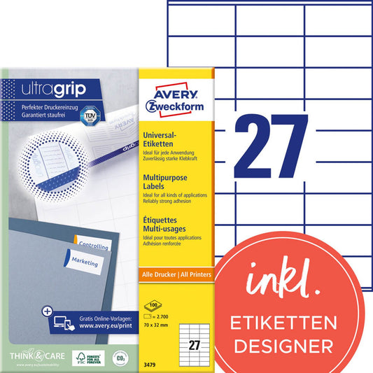 AVERY Zweckform Etiketten weiß 70,0 x 32,0 mm | 3479 | 1 Pack = 100 Blatt