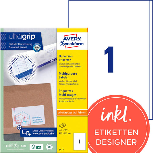 AVERY Zweckform Etiketten weiß 200,0 x 297,0 mm | 3418 | 1 Pack = 100 Blatt