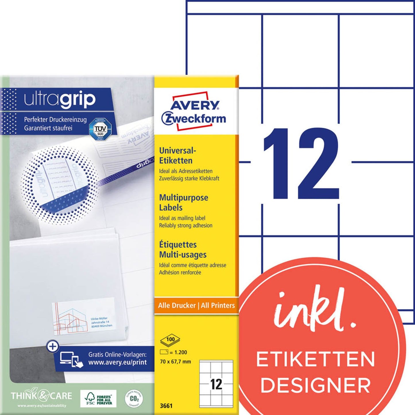 AVERY Zweckform Etiketten weiß 70,0 x 67,7 mm | 3661 | 1 Pack = 100 Blatt