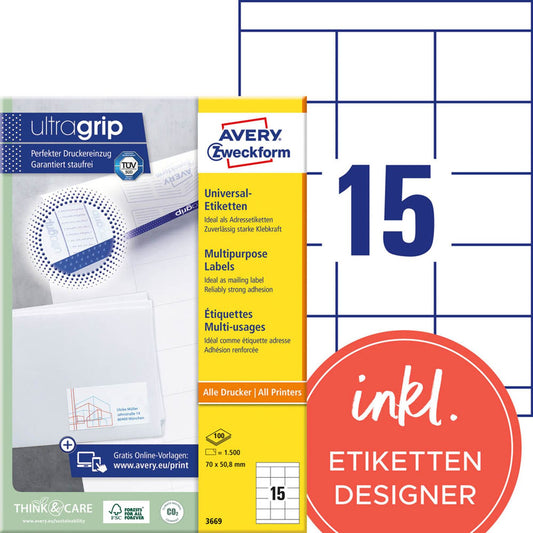 AVERY Zweckform Etiketten weiß 70,0 x 50,8 mm | 3669 | 1 Pack = 100 Blatt