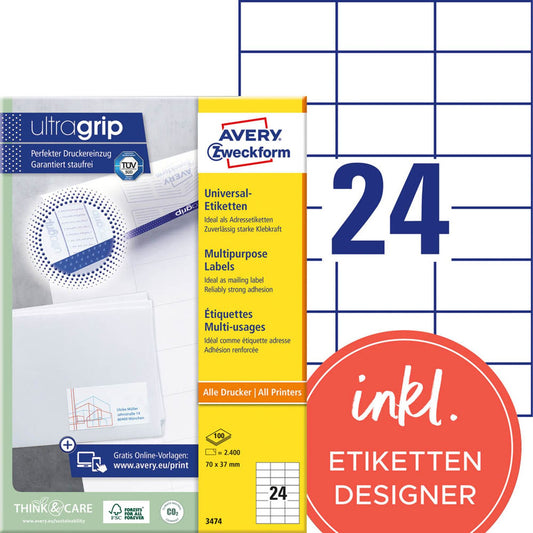 AVERY Zweckform Etiketten weiß 70,0 x 37,0 mm | 3474 | 1 Pack = 100 Blatt