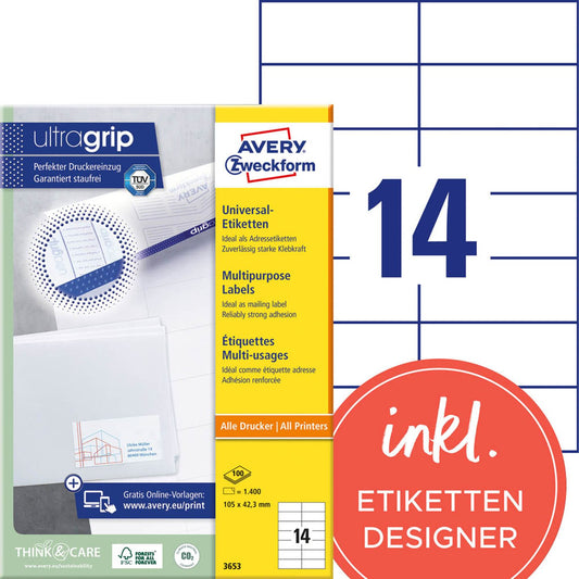 AVERY Zweckform Etiketten weiß 105,0 x 42,3 mm | 3653 | 1 Pack = 100 Blatt