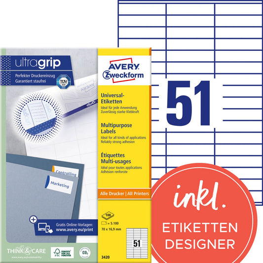 AVERY Zweckform Etiketten weiß 70,0 x 16,9 mm | 3420 | 1 Pack = 100 Blatt
