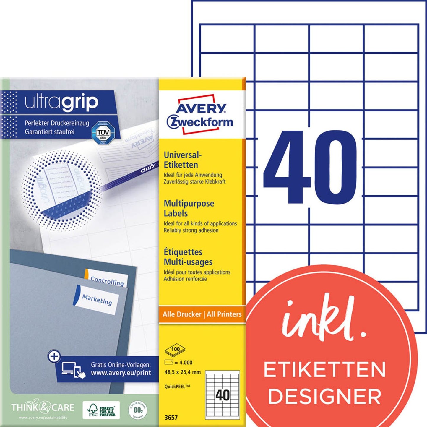 AVERY Zweckform Etiketten weiß 48,5 x 25,4 mm | 3657 | 1 Pack = 100 Blatt