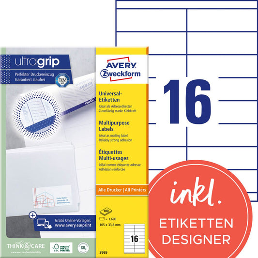 AVERY Zweckform Etiketten weiß 105,0 x 33,8 mm | 3665 | 1 Pack = 100 Blatt