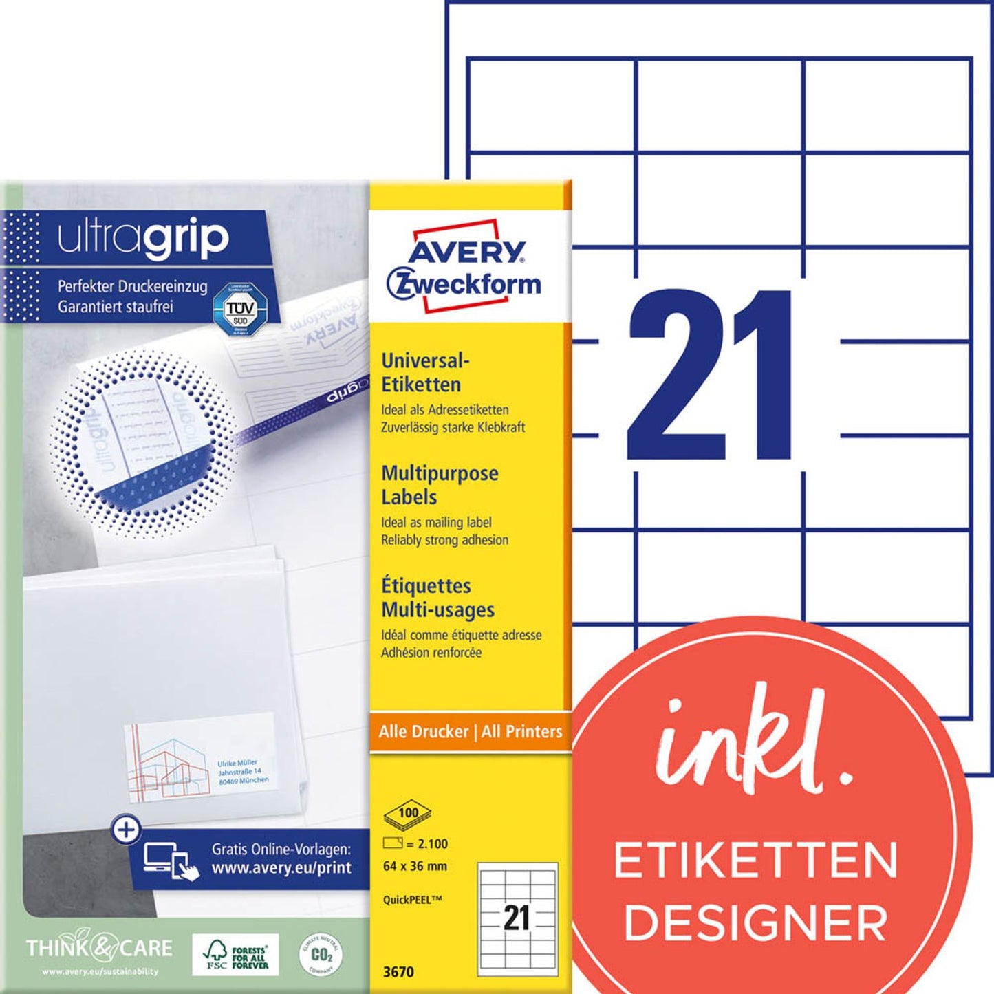 AVERY Zweckform Etiketten weiß 64,0 x 36,0 mm | 3670 | 1 Pack = 100 Blatt