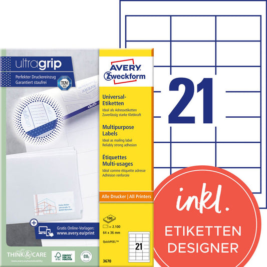 AVERY Zweckform Etiketten weiß 64,0 x 36,0 mm | 3670 | 1 Pack = 100 Blatt