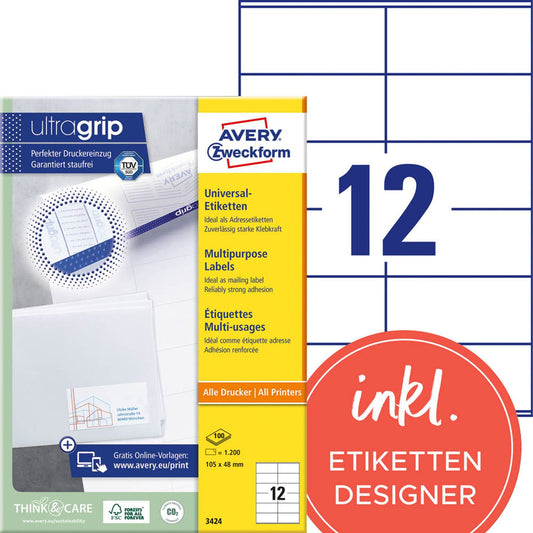 AVERY Zweckform Etiketten weiß 105,0 x 48,0 mm | 3424 | 1 Pack = 100 Blatt