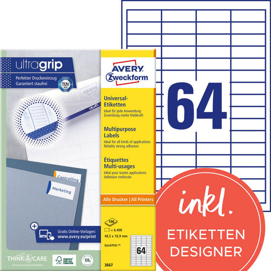 AVERY Zweckform Etiketten weiß 48,5 x 16,9 mm | 3667 | 1 Pack = 100 Blatt