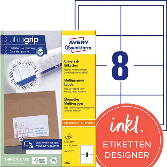 AVERY Zweckform Etiketten weiß 97,0 x 67,7 mm | 3660 | 1 Pack = 100 Blatt