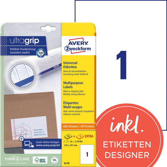 AVERY Zweckform Etiketten weiß 210,0 x 297,0 mm | 6119 | 1 Pack = 30 Blatt