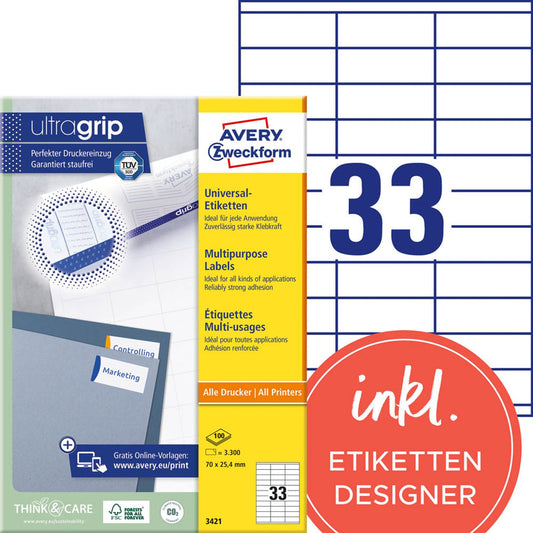 AVERY Zweckform Etiketten weiß 70,0 x 25,4 mm | 3421 | 1 Pack = 100 Blatt