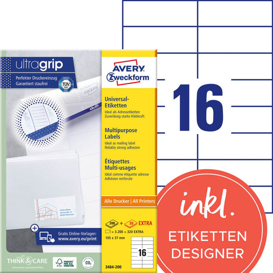 AVERY Zweckform Etiketten weiß 105,0 x 37,0 mm | 3484-200 | 1 Pack = 220 Blatt