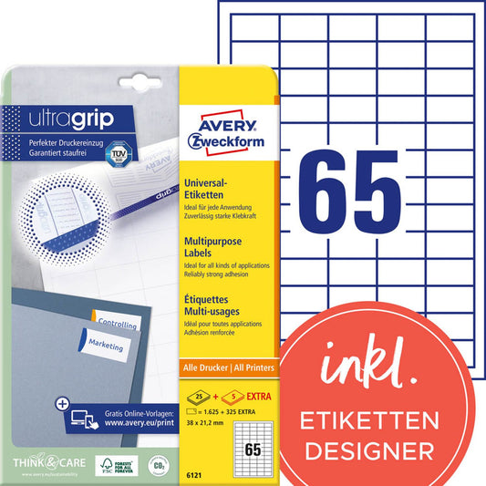 AVERY Zweckform Etiketten weiß 38,0 x 21,2 mm | 6121 | 1 Pack = 30 Blatt