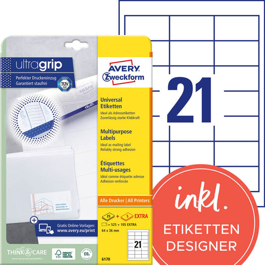 AVERY Zweckform Etiketten weiß 64,0 x 36,0 mm | 6170 | 1 Pack = 30 Blatt