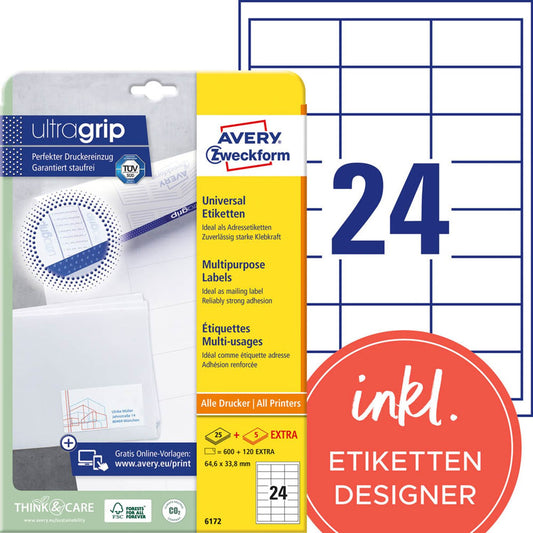 AVERY Zweckform Etiketten weiß 64,6 x 33,8 mm | 6172 | 1 Pack = 30 Blatt