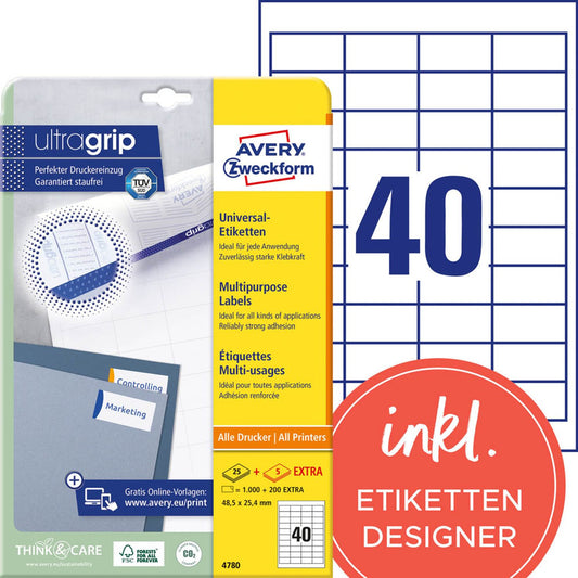 AVERY Zweckform Etiketten weiß 48,5 x 25,4 mm | 4780 | 1 Pack = 30 Blatt