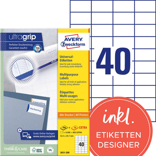 AVERY Zweckform Etiketten weiß 52,5 x 29,7 mm | 3651-200 | 1 Pack = 220 Blatt