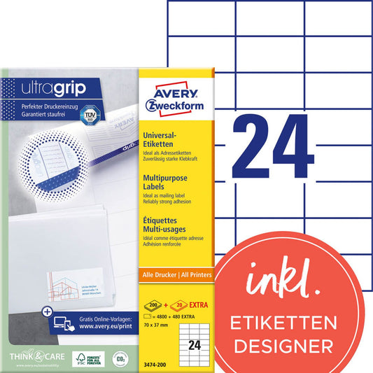 AVERY Zweckform Etiketten weiß 70,0 x 37,0 mm | 3474-200 | 1 Pack = 220 Blatt