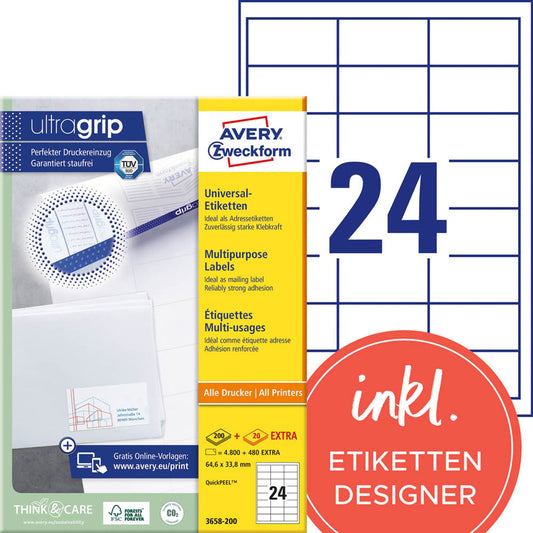 AVERY Zweckform Etiketten weiß 64,6 x 33,8 mm | 3658-200 | 1 Pack = 220 Blatt