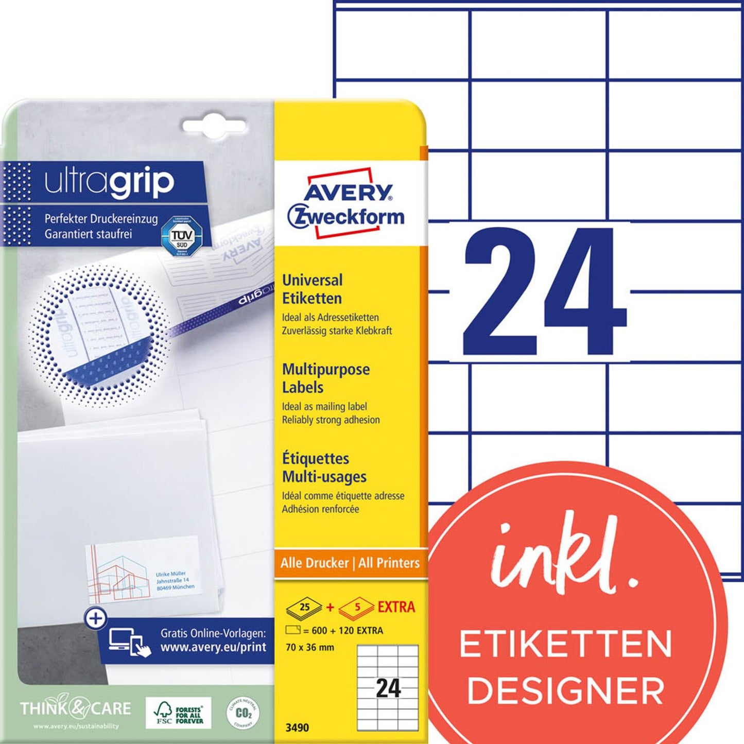 AVERY Zweckform Etiketten weiß 70,0 x 36,0 mm | 3490 | 1 Pack = 30 Blatt