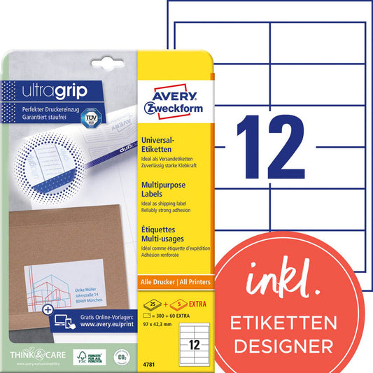 AVERY Zweckform Etiketten weiß 97,0 x 42,3 mm | 4781 | 1 Pack = 30 Blatt