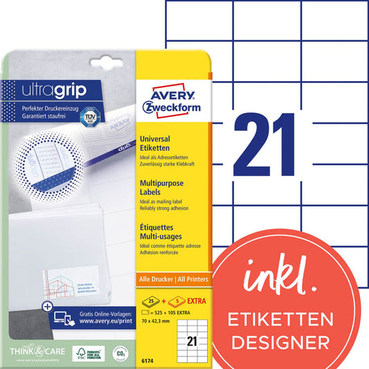 AVERY Zweckform Etiketten weiß 70,0 x 42,3 mm | 6174 | 1 Pack = 30 Blatt