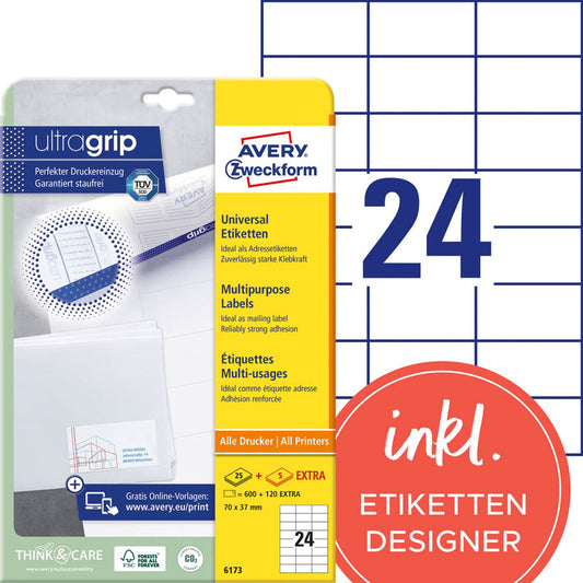 AVERY Zweckform Etiketten weiß 70,0 x 37,0 mm | 6173 | 1 Pack = 30 Blatt