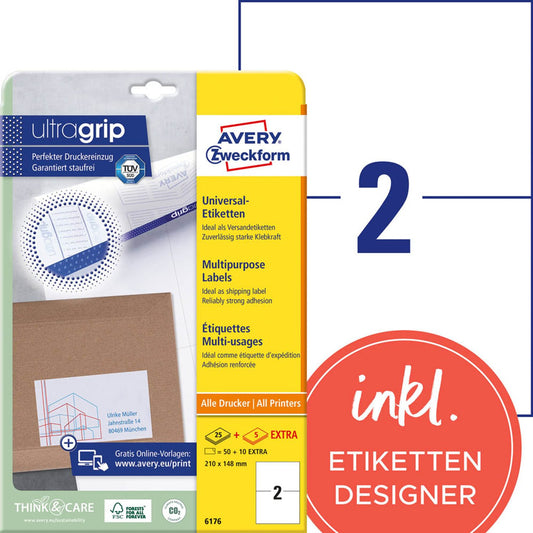 AVERY Zweckform Etiketten weiß 210,0 x 148,0 mm | 6176 | 1 Pack = 30 Blatt