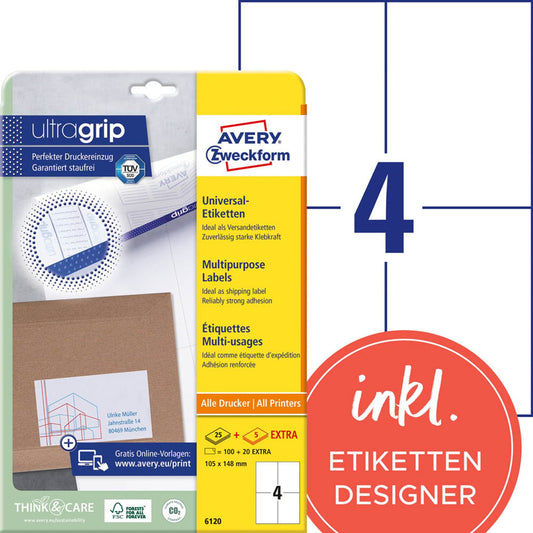 AVERY Zweckform Etiketten weiß 105,0 x 148,0 mm | 6120 | 1 Pack = 30 Blatt