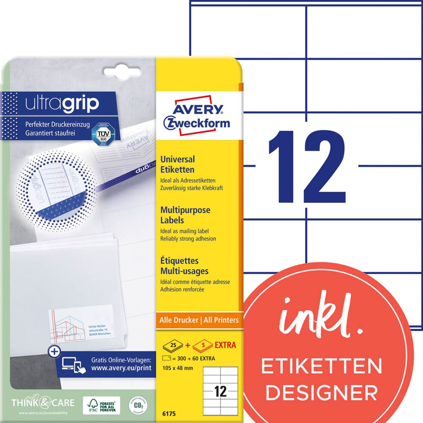AVERY Zweckform Etiketten weiß 105,0 x 48,0 mm | 6175 | 1 Pack = 30 Blatt