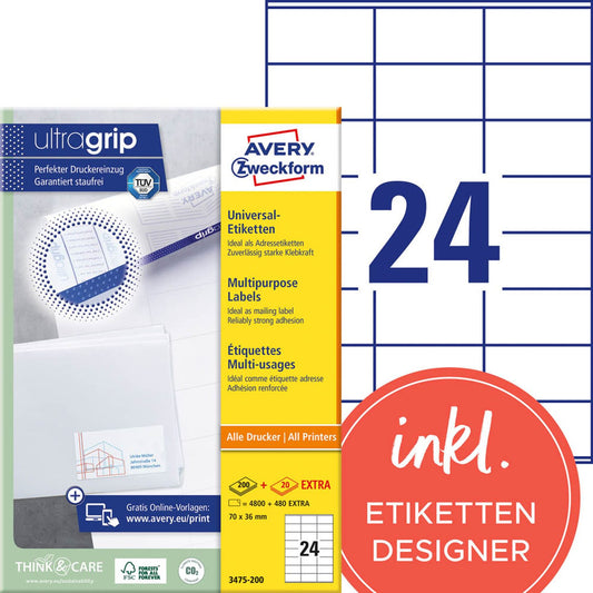 AVERY Zweckform Etiketten weiß 70,0 x 36,0 mm | 3475-200 | 1 Pack = 220 Blatt