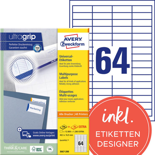 AVERY Zweckform Etiketten weiß 48,5 x 16,9 mm | 3667-200 | 1 Pack = 220 Blatt