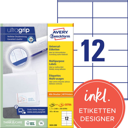 AVERY Zweckform Etiketten weiß 105,0 x 48,0 mm | 3424-200 | 1 Pack = 220 Blatt