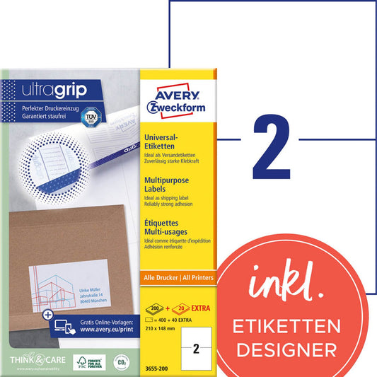 AVERY Zweckform Etiketten weiß 210,0 x 148,0 mm | 3655-200 | 1 Pack = 220 Blatt