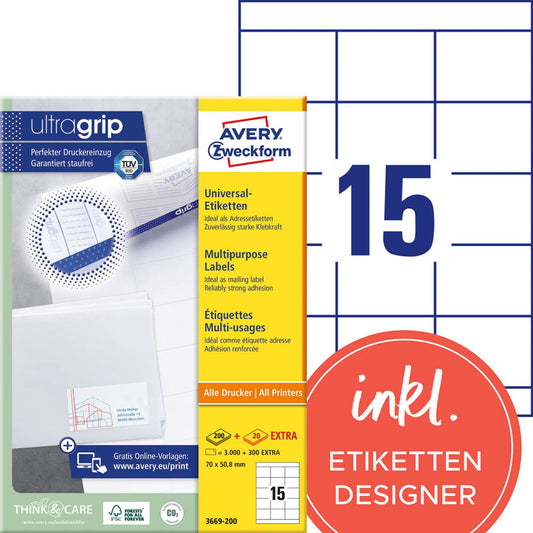 AVERY Zweckform Etiketten weiß 70,0 x 50,8 mm | 3669-200 | 1 Pack = 220 Blatt