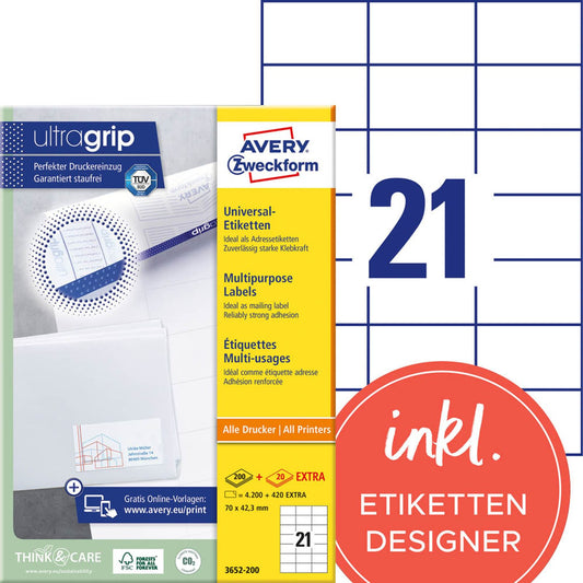 AVERY Zweckform Etiketten weiß 70,0 x 42,3 mm | 3652-200 | 1 Pack = 220 Blatt